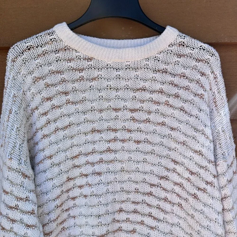 Vintage Oversized Knit Cream Sweater With Brown Pattern Long Sleeves Crewneck Li - Picture 2 of 6